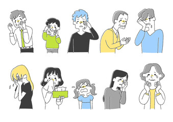 泣いている人物のセット　コミカルな手書きの人物イラスト　ベクター線画にシンプルな色つけ　白バック