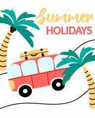 Cute red bus with suitcases. Rest on the sea. Summer vacation. Summer postcard. Vector illustration in hand drawn style.