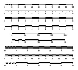 Map scale lines and rulers for miles and kilometers distance measure. Measuring tape with metric and imperial systems scales. Size and distance indicators bars or vector charts set