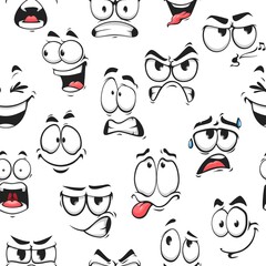Cartoon faces and emojis with different facial expressions seamless pattern. Vector background of comic emoticon characters with happy, funny, angry and cry, crazy, silly and cheerful emotions - obrazy, fototapety, plakaty