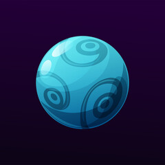 Blue mysterious planet with swirls, galaxy space object with curly pattern. Vector astronomy globe, shiny fantasy sphere in universe. Ui game comic bubble, isolated comet or alien world in deep space
