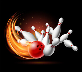 Red Bowling Ball in Flames crashing into the pins on a Dark Background. Illustration of bowling strike. - obrazy, fototapety, plakaty