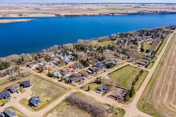 Aerial drone view of the small hamlet of Shields, Saskatchewan
