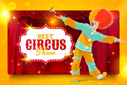 Shapito circus cartoon clown performer on stage. Vector poster with smiling comedian character dance on scene. Invitation to big top magic show, carnival event with funster or jester in bright costume