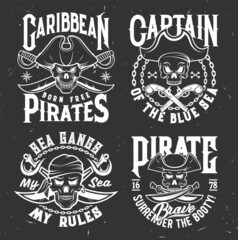 Pirate skulls with swords and crossbones, vector t-shirt prints and Caribbean sea bandits flags. Pirate skull in bandana and eye patch, pistol guns and nautical slogans or buccaneer quotes