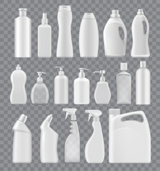 Cleanser, liquid soap and detergent containers mockup. Vector bottles, white plastic tubes with handle, pump, sprayer. Isolated 3d realistic blank packages of chemicals, stain remover, laundry bleach