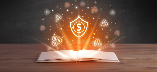 Open book with currency icons above