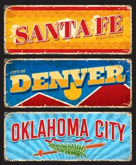 Santa Fe, Denver and Oklahoma american cities plates and travel stickers. United States city vintage tin sign or plate with flag symbols. USA vacation travel grunge souvenir postcard or vintage banner