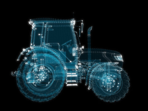 Farm Tractor consisting of glow points and lines. 3d illustration