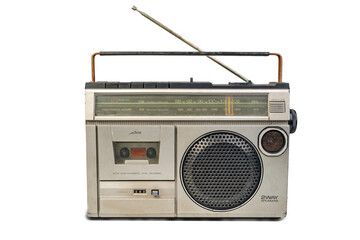 cassette tape radio recorder, Retro old-fashioned portable boombox.  An audio cassette recorder was...