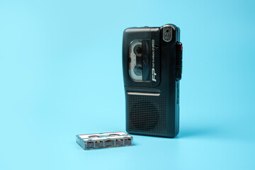 BANGKOK THAILAND -15 February 2022:Panasonic old micro tape recorder.Vintage. Professional...