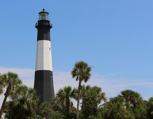 Scenic tall white and black lighthouse with searchlight amidst green palm trees, blue sky, and white clouds.