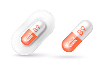 Orange vitamin B9 medicine capsule. Dietary supplement health neutralize free radicals. With chemical formula. Anti aging beauty enhancement concept and health care medical. 3D vector EPS10.