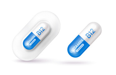 Blue vitamin B12 medicine capsule. Dietary supplement health neutralize free radicals. With chemical formula. Anti aging beauty enhancement concept and health care medical. 3D vector EPS10.