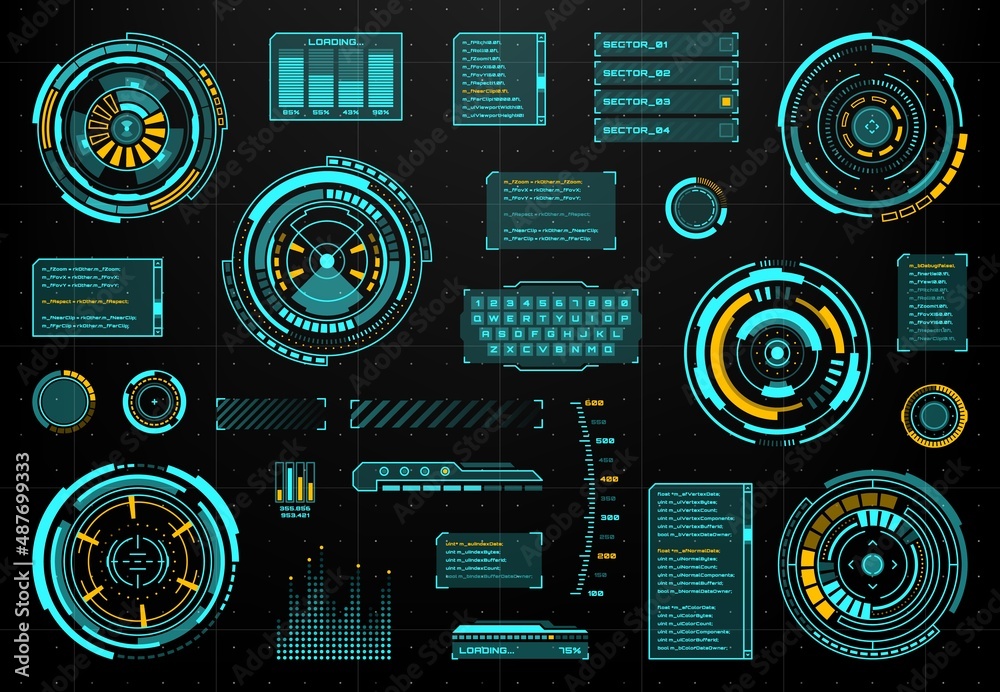 Leinwandbilder HUD futuristic touch user interface with circular panels, keyboard and text box, bars and scale. GUI futuristic elements, smart control display screen with dashboard info frames and round diagrams