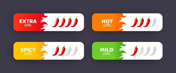 Fotobehang Spicy level sticky labels, vector savory food rating scale emblems. Hot chili pepper, cayenne or jalapeno extra, spicy, hot and mild strength of sauce or snack food, isolated stickers with fire flames © Vector Tradition