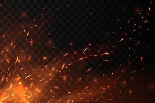 Campfire, fireplace flying sparks, burning red flame. Realistic 3d vector background with glowing fire or bonfire red and orange flame particles fly up in air. Firestorm, balefire on black backdrop