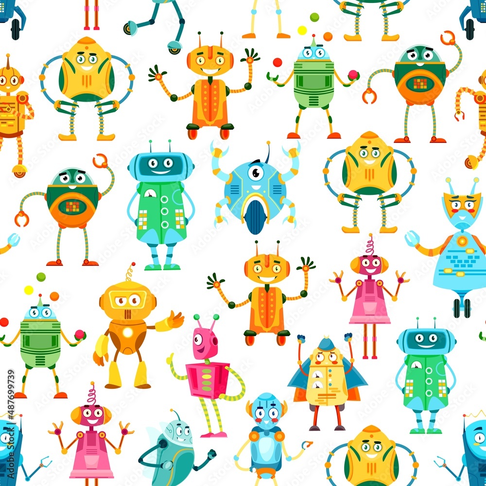Poster Cartoon robots and droids seamless pattern. Wallpaper or fabric print, cover pattern template or vector background with funny robots characters, cute vintage droids or smiling alien bots personage
