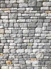 Direct view of decorative natural cobble stone wall with different shades of grey and sizes, shadow gap. Natural texture and form. Exterior wall covering.