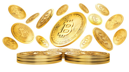 Gold Bitcoin coins flying on a white background.3d rendering