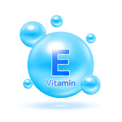 Blue electron for vitamin E and minerals complex. Glossy vitamins pills capsules. Pill, Healthy food supplement. Medical scientific and healthcare concept. Isolated on white background 3D Vector.