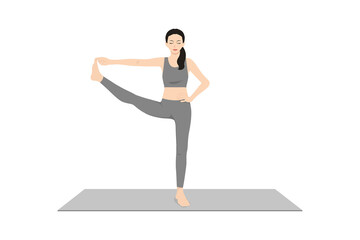 Standing Hand to Big Toe Pose. Beautiful girl practice Utthita Hasta Padangusthasana. Young attractive woman practicing yoga exercise. working out, black wearing sportswear, grey pants and top, indoor
