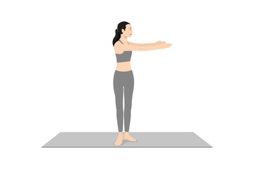 Standing Spinal Twist Pose l. Beautiful girl practice Katichakrasana l. Young attractive woman practicing yoga exercise. working out, black wearing sportswear, grey pants and top