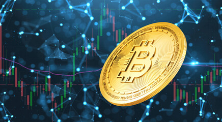 Gold Bitcoin levitates in futuristic concept with trends background.3d rendering