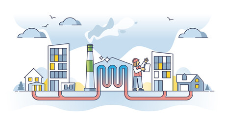 Central heating system for residential homes, outline concept vector illustration. Heat pipeline with service technician person. Heat supply maintenance, efficiency and energy consumption analysis.