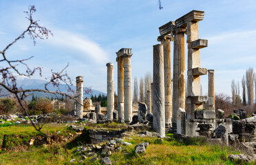 Ruins of ancient temple dedicated to goddess Aphrodite in Aphrodisias on sunny winter day, Turkey