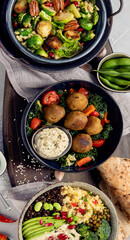 Vegan dishes assortment on light background.