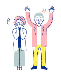 喜んでいる中年カップル　全身