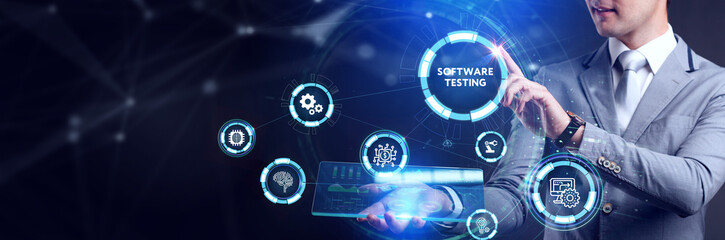 Inscription SOFTWARE TESTING on the virtual display. Business, modern technology, internet and networking concept.