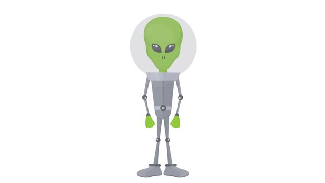 Alien. Animation of a green man greeting and waving his hand, the alpha channel is turned on. Cartoon