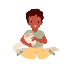 Cute boy playing with toilet paper roll vector illustration. Cartoon funny little child sitting on floor of bathroom, playful preschool kid holding hygiene tissue for fun game isolated on white