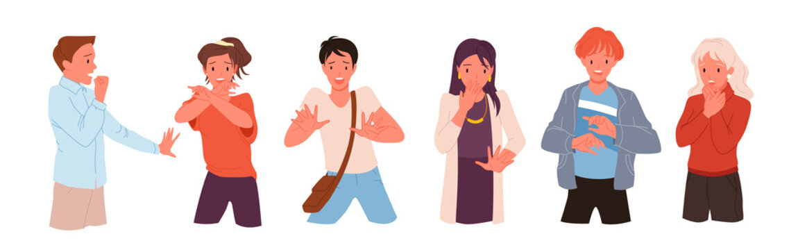Cartoon adult and teen persons with fear and panic on face, nervous man and woman with problems, shock and phobia, frightened characters isolated on white. Scared people set vector illustration