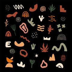 Abstract shapes collection. Set of hand drawn various geometric objects and doodle elements. Vector illustration in trendy boho style.