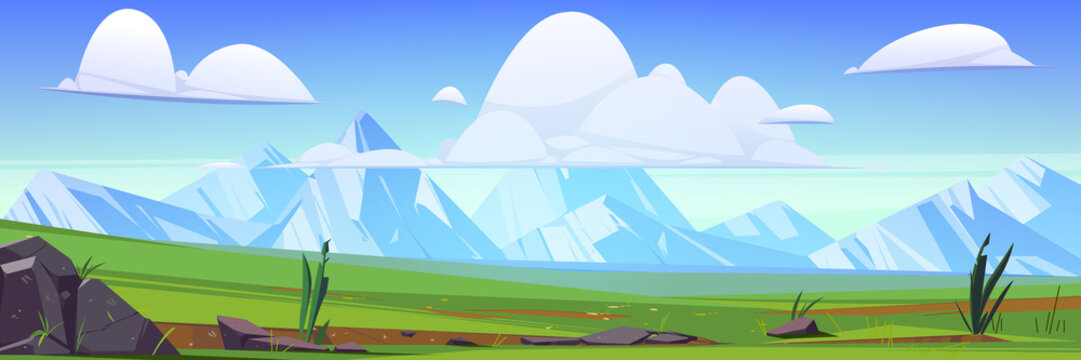 Green meadows and white mountains on horizon. Vector cartoon illustration of summer landscape of valley with grass, stones, snow rocks on skyline and clouds in sky