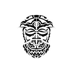 Tribal mask. Monochrome ethnic patterns. Black tattoo in the style of the ancient tribes. Isolated on white background. Hand drawn vector illustration.
