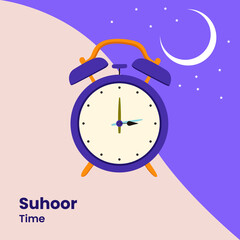 A clock shows 03.00 am for sahur time. Suhoor Time, Pre Dawn Meal Call Sahur. Holy Ramadan month. Flat vector illustration.