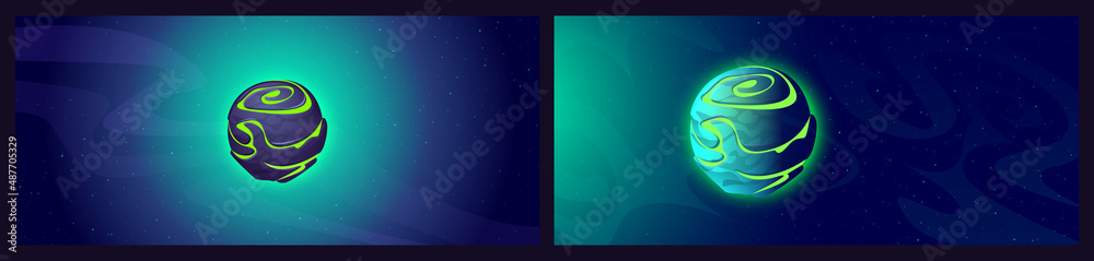 Wall mural alien planet in space, galaxy comet with glowing surface, abstract globe with spiral in far universe