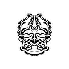 Tribal mask. Monochrome ethnic patterns. Black tattoo in Maori style. Isolated. Hand drawn vector illustration.