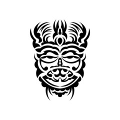 Tribal mask. Traditional totem symbol. Black tattoo in Maori style. Isolated on white background. Vector illustration.
