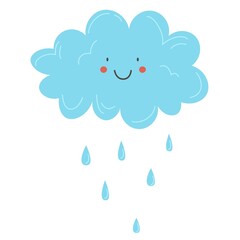 Positive cloud vector illustration in flat style. Sticker cloud with rain. Cloud icon isolated on white background