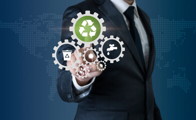 Business man on suit choose to recycle icon to save nature environment. Male hand click green recycle symbol technology ecology concept.