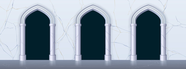Arches with columns at marble wall, interior gates with white pillars in palace or castle, archway frames, portal entrance, alcove doorway, antique architecture arcade , Realistic 3d vector background
