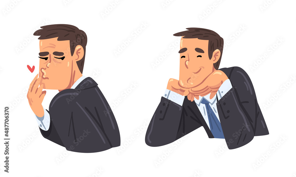 Sticker Businessman or office worker character with cheerful face expression cartoon vector illustration