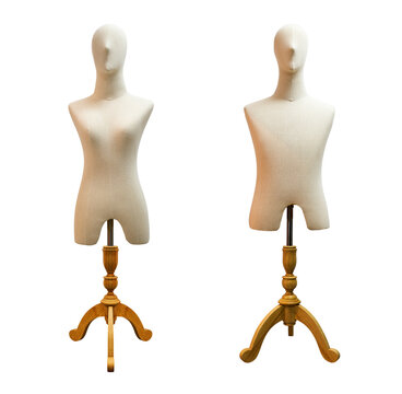 Upper body female and male mannequin unclothed on wooden tripod isolated on white background with clipping path