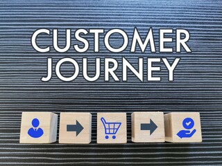 Customer journey concept with icons on wooden cubes.