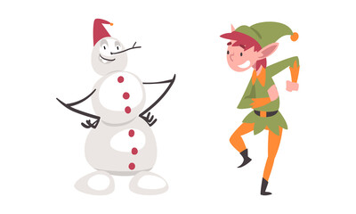 Funny snowman and Christmas elf characters cartoon vector illustration